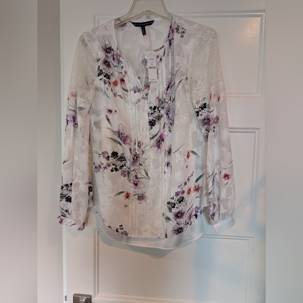 White House Black Market Floral Blouse - White and Pink